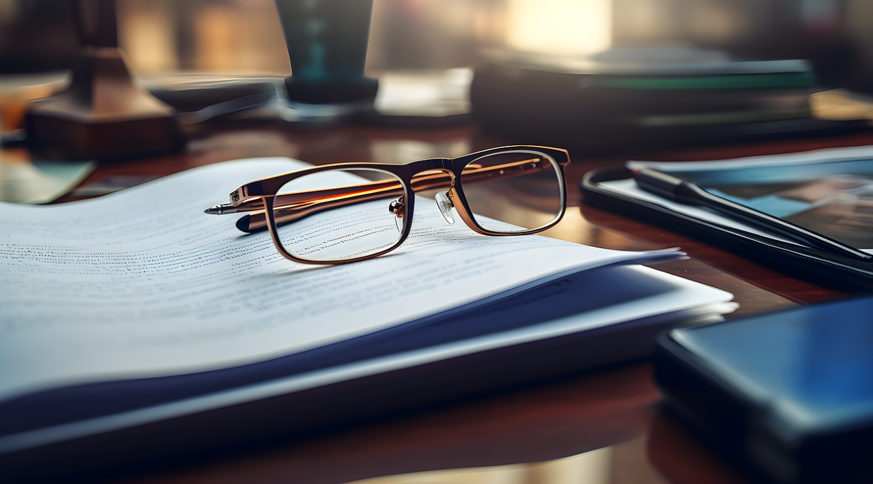 Photo by Smiln32 ai generated, glasses, office, business, desk, work, sunlight, corporate, books, reports